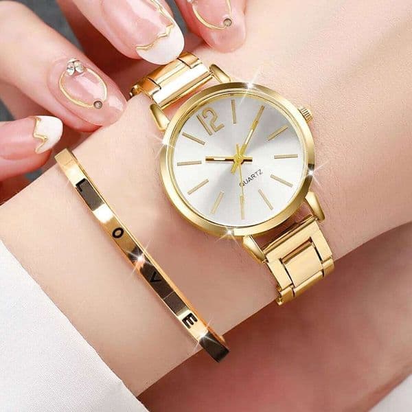 Fashion Women Casual Simple Stainless Steel Quartz Watch Love Bracelet 2PCs Set Temperament Wearing Style
