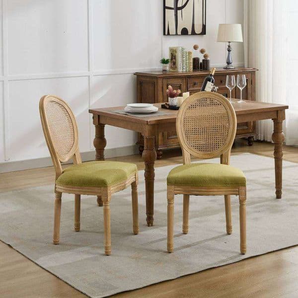 A&A Furniture,French Style Solid Wood Frame Antique Painting Linen Fabric Rattan Back Dining Chair,Set of 2,Olive-Green 6698