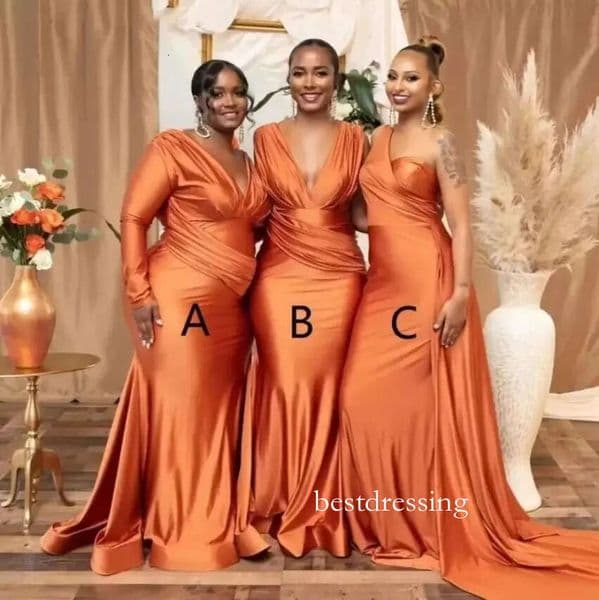 African Orange Plus Size Mermaid Bridesmaid Dresses Nigeria Girls V Neck Ruched Satin Wedding Guest Dress Sexy Long Maid Of Honor Gowns Bc11919 B0323
