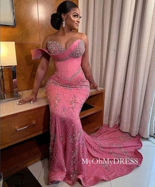 African Pink Mermaid Evening Dresses Crystals Beaded One Shoulder Corset Arabic Aso Ebi Sequins Lace Prom Dress 2025 Women Formal Reception Gown D0323