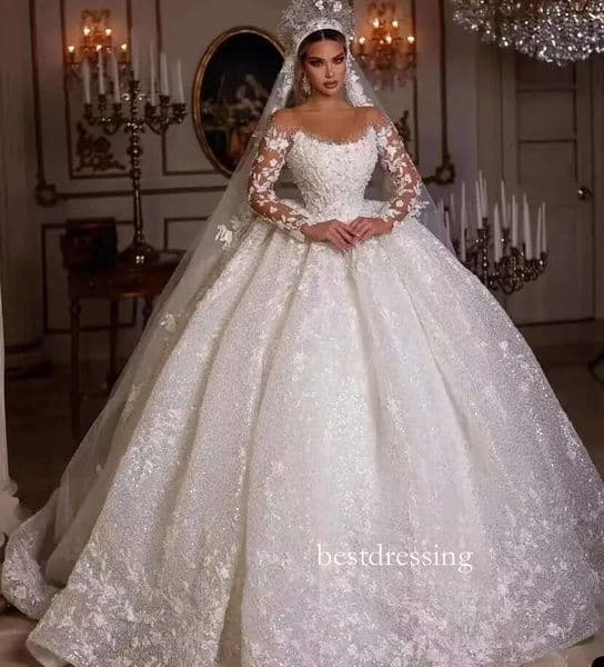 Long Sleeves Shiny Tulle Princess Garden Country Vintage Lace Sexy Plus Size Custom Made Wedding Dresses Ball Gowns Cathedral Train Bridal Dress 403 B0323