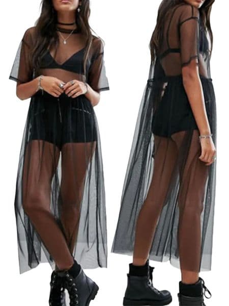 Mesh Sheer Long Dress European And American Sexy Casual Top Short-sleeved New Dress Designer Dress Women's Clothing
