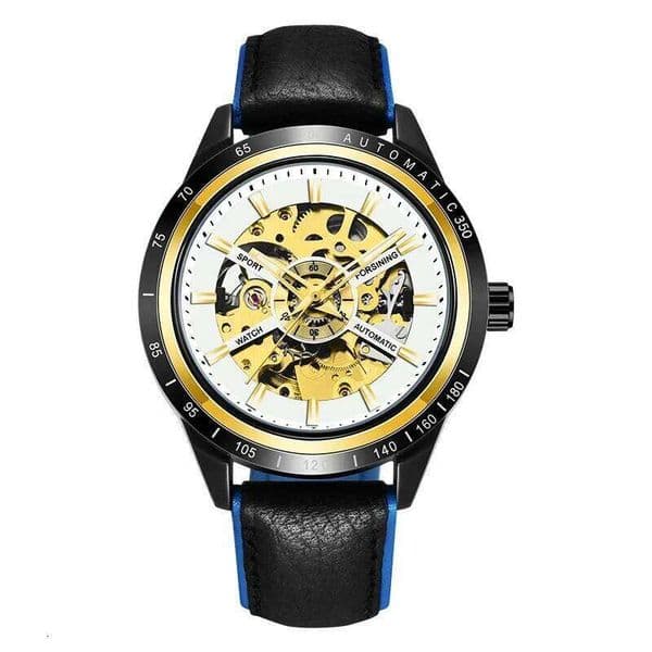 Forsining Racing Fashion Design Leather Transparent Case Watch Skeleton Dial with Gold Mechanical Movement Men Wrist Watches