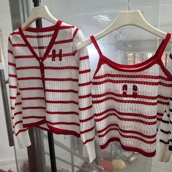 Summer designer tops women clothes Striped Knit Two Piece Set Womens Sleeveless Camisole Long Sleeve Cardigan Hollow Out Cropped Tops Casual Beach Outfit