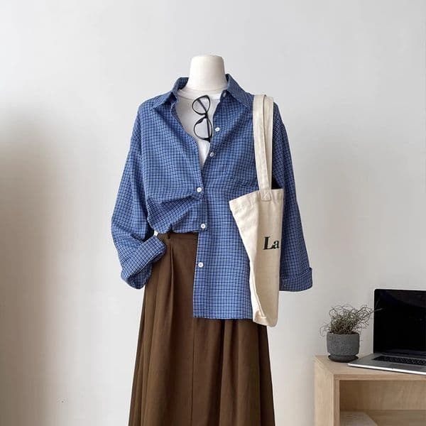 New American Style Long Sleeve Blue Plaid Lazy Loose Slimming Versatile Autumn Shirt Top Jacket