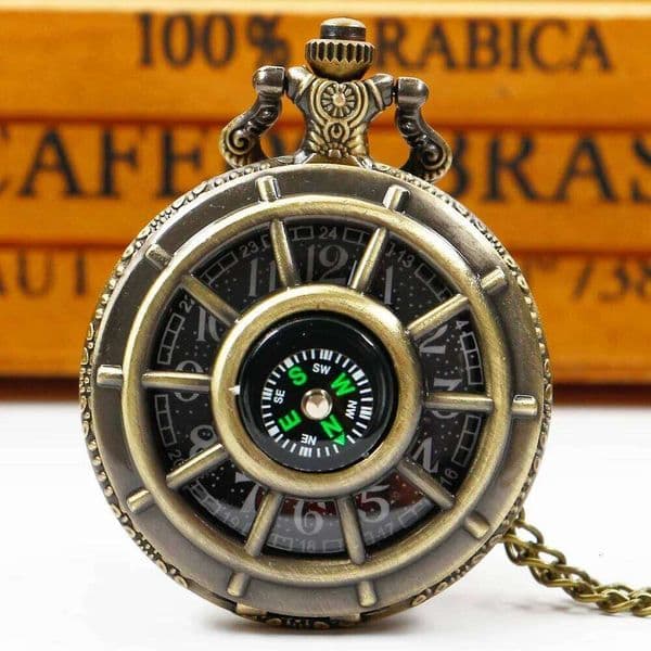 Silver/Black/Brown Compass Decorative Pocket Watch Pendant Quartz Clock with Chain Men Women Necklace Souvenir Steampunk