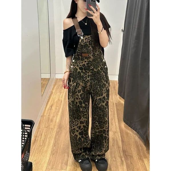 American Retro Leopard Print Overalls Loose Denim Wide-leg Pants For Women Stylish Designer Pants Workwear Floor-length Trousers