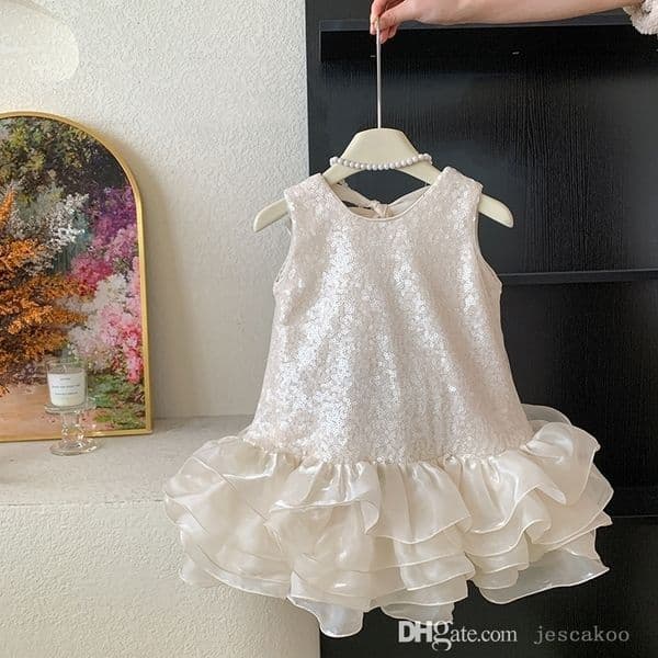 Summer Baby Girls Party Dress Kids Clothes Stylish Bow Sequined Princess Dresses Sleeveless Mesh TuTu Skirt
