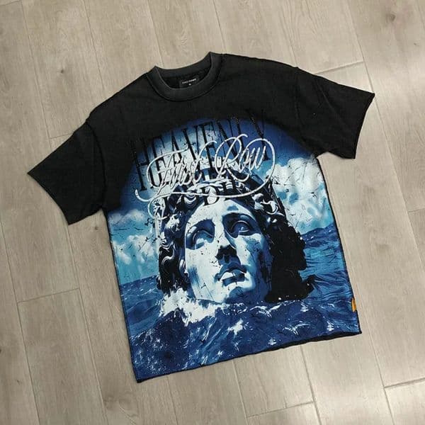High Quality Cotton Statue Digital Print Letters T-Shirt Top Quality Cotton Washed Black T Shirt Men