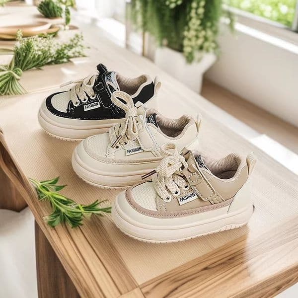 Kids Sneakers for Boys Girls, Black Beige Casual Toddler Shoes, Non-Slip Breathable Lightweight Baby Walking Shoes for Daily Wear Free shipping