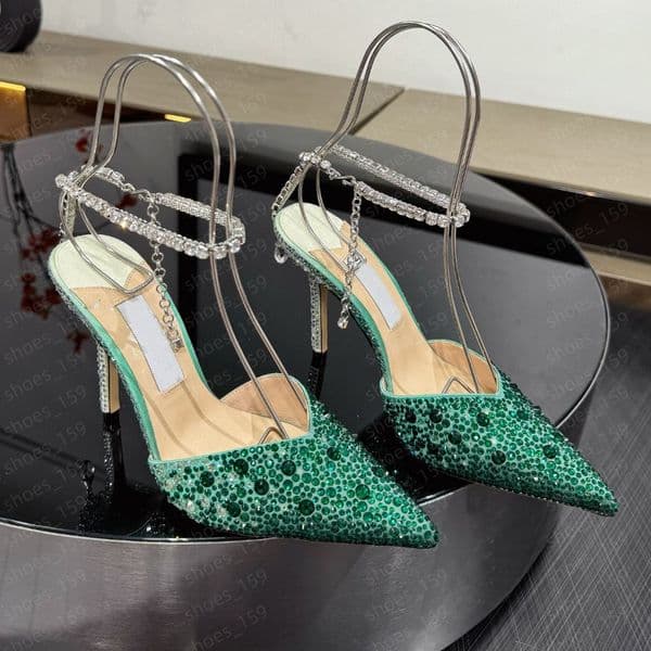 designer sandals 100mm With Crystal mbellishment luxury Fashion Pointed Toes Stiletto Heel Ankle Wedding Party Dress shoes Emerald Satin Pumps With Crystals