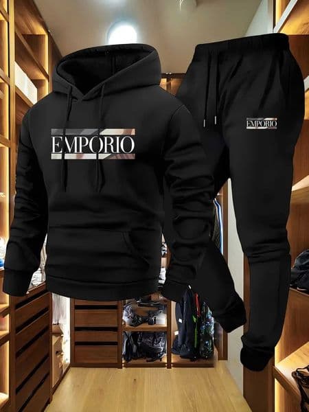 Mens letter-printed hoodie and sweatpants set suitable for outdoor outings in autumn and winter - daily outdoor wear H251209