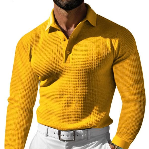 2026 New Men's Waffle Designer T-shirt Knit Collared Buttoned Long Sleeve Polo Shirt For Vacation Polo Designer Hoodie And Casual Wear