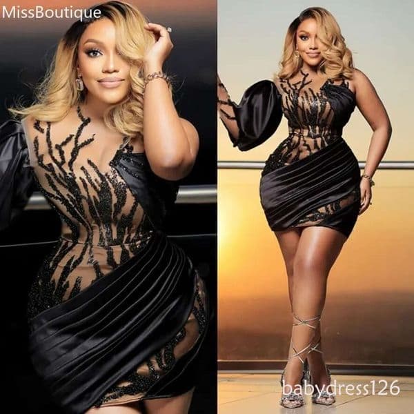 Aso Ebi Little Black Cocktail Short Prom Mini Birthday Dresses Appliqued Sequined Lace Flora Gala Gowns For Special Occasion Arabic M14 ZD19