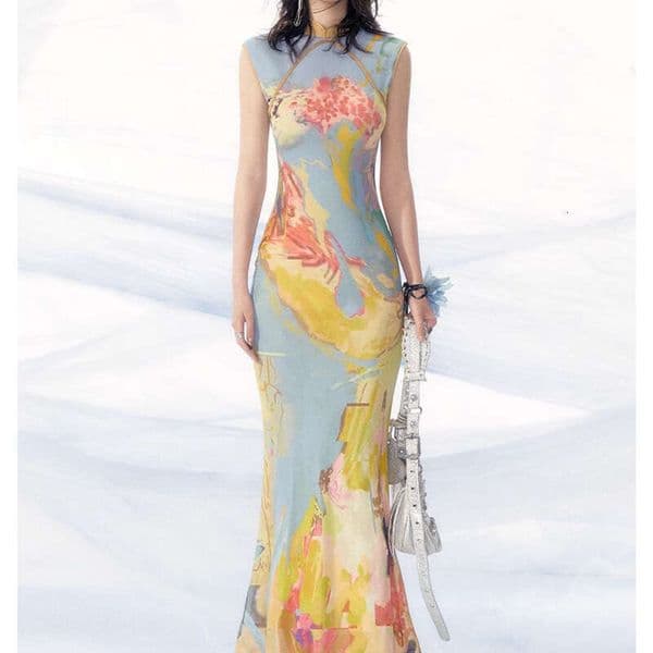 New Chinese Style Printed Cheongsam Dress For Women, Reversible Mesh Long Dress" Qipao Silk Hanfu