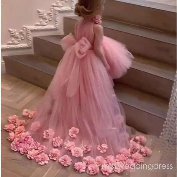 Cute Pink Flower Girls' Dresses Tulle High Neck Bow A Line Hand Flowers Custom Made Pageant Little Girl Pricess Ball Gown 401