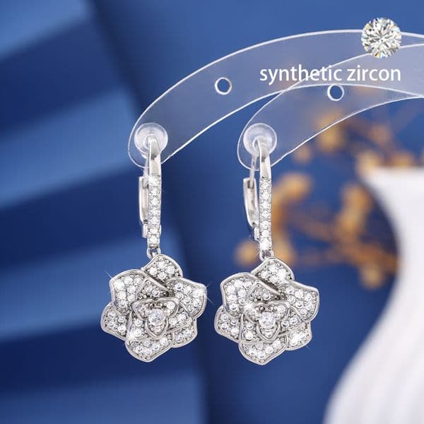Luxury Brand Designer Jewelry Temu Same Style Camellia Earrings Micro Inlaid Full Diamond Zircon Flower Pendant Earrings Women's Earrings