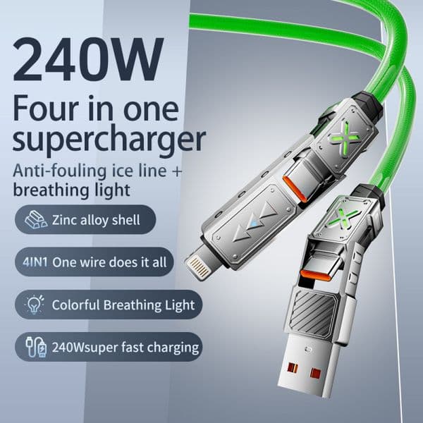 240w Zinc alloy super fast charging data cable, 2-in-2, 4-in-1 fast charging, suitable for Apple and Android.
