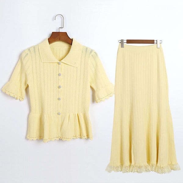 Designer Sweet Style Knitted Set with Collar and Waist Tightened Hollow Short Sleeve Cardigan and Lace Splicing Long D19 Skirt 2026