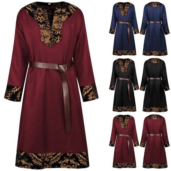 Men Halloween Medieval Larp Viking Warrior Knight Pirate Saxon Tunic Costume With Belt MDEC-037