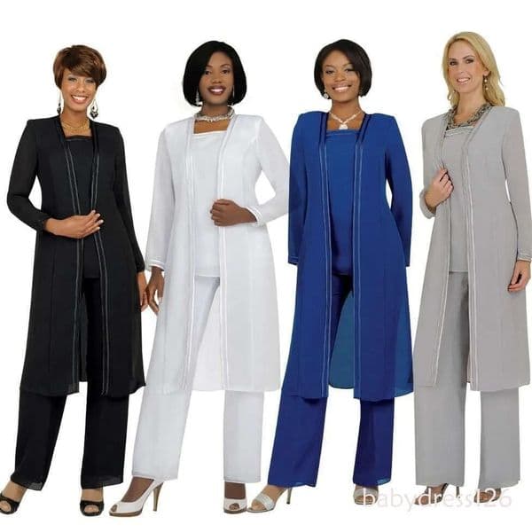 Mother of Bride Dresses Plus Size Chiffon Pant Suit with Long Sleeve Jacket for Wedding Evening Events D18 ZD19