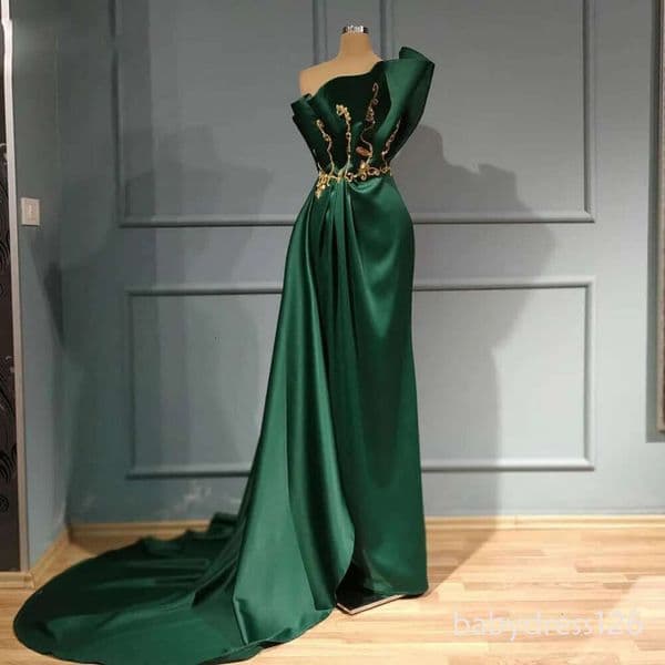 Emerald Green Mermaid Evening Ruffles Satin Gold Appliques Beaded Long Prom Dresses Formal Party Dress Soiree Robe 0530 ZD19