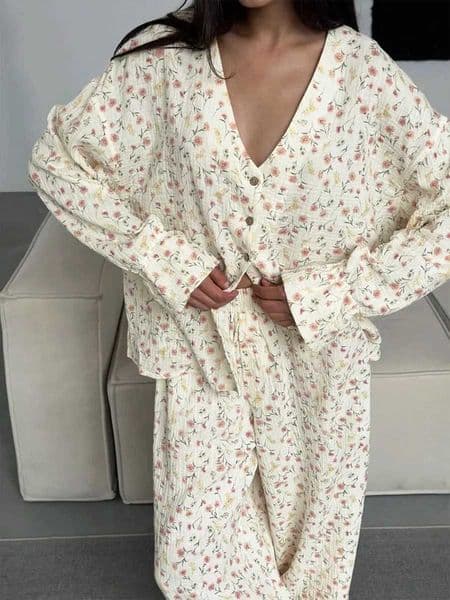 Muzuleva 100 Cotton Printed Cardigan Pajama Set Womens New Autumn Long Sleeved Pants Pajamas Loose Home Clothing 2-piece Set C260327