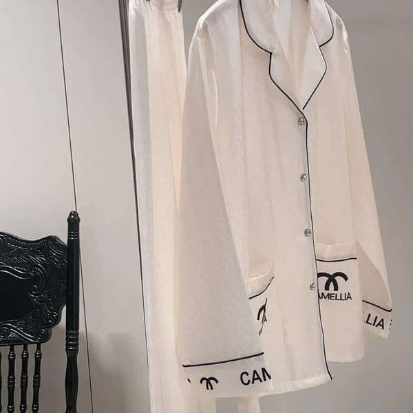 Spring and summer ice sleepwear women's letter long sleeved pants set silk home clothing Pajamas