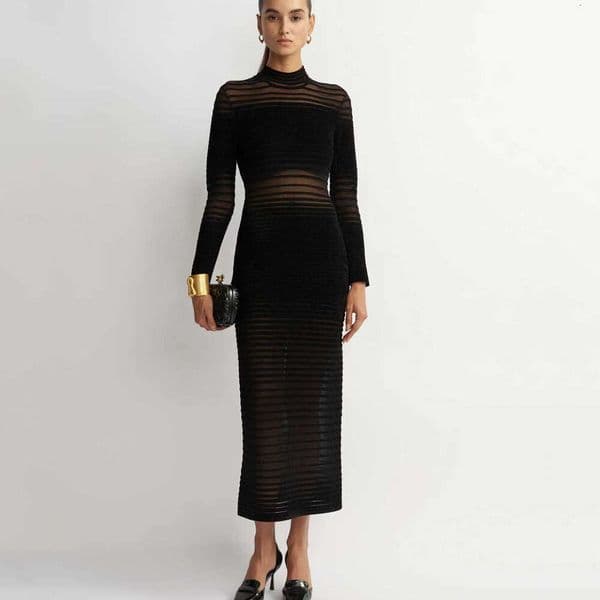 New S6 Spring and Autumn Designer Fashionable and Elegant S6 Fine Yarn Splicing Sexy Long Sleeve Black Knitted Dress