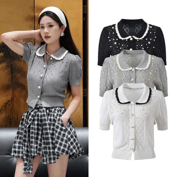 2026 summer new designer style patch lace g20 bead sweet FC casual style short sleeved knitted cardigan top