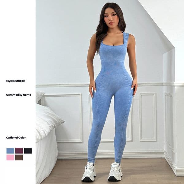 New European & American Style Sandwashed Texture Yoga Jumpsuit, Seamless One-Piece Sports Fitness Vest & Long Pants Bodysuit