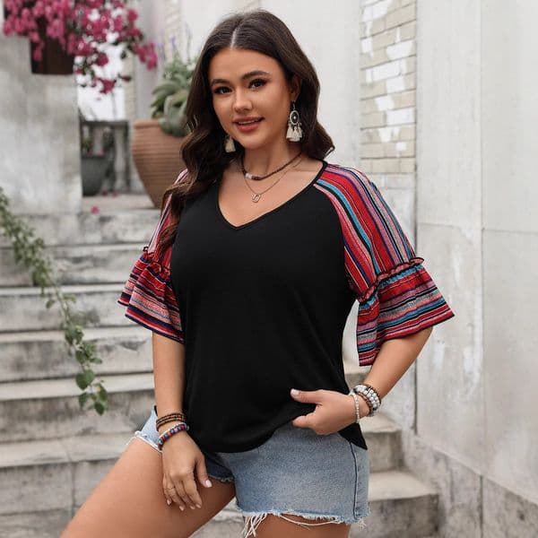 Q0288 Women's spring and summer foreign trade temperament casual loose V-neck splicing short-sleeved top women