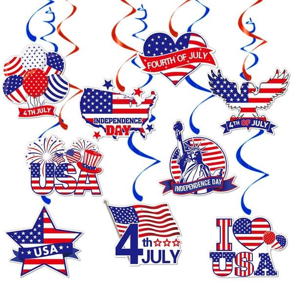 4th of July Star Hanging Swirl Decorations, Independence Day Patriotic Hanging Tags Foil Swirls with Hooks for USA Party Indoor Outdoor Ceiling Decor