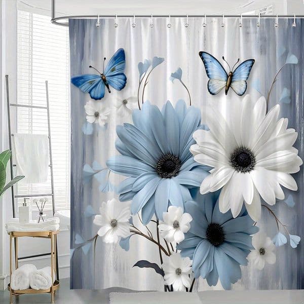 Luxurious Gray-Toned Shower Curtain Decorative Fabric: Exquisite Floral Butterflies Adorning