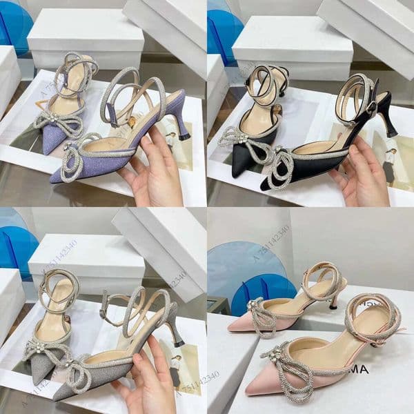 Designer Dress Shoes Fashion Satin Baotou Sequin Rhinestone Shiny Bow Women Sandals Banquet Wedding Professional 6cm 8cm High Heels Superior quality top