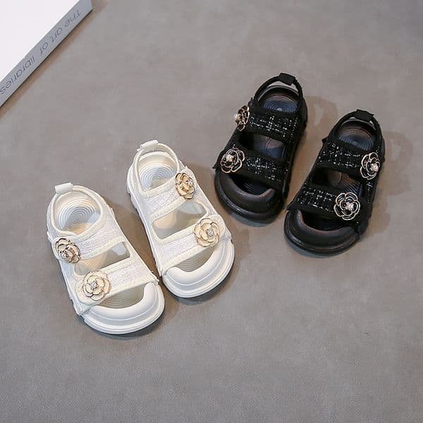 2026 Trendy Toddler Girls Sandals Camellia Flower Decor Double Hook Loop Non-Slip Summer Shoes for Kids Style Chic Summer Fashion Free shipping Size27-38