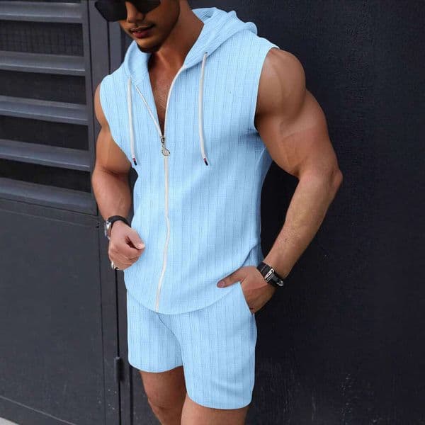 Designer T-shirt 2026 New Brand Summer Hooded Zipper T-Shirt Set Fashionable Casual Plaid Sleeveless Suit Men's Clothing