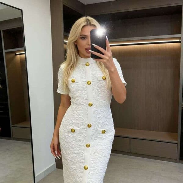 2026 FC Spring and Summer New Elegant and Exquisite Metal Buckle Slimming Short Sleeve Long Skirt A13 Medium Length Tight Dress