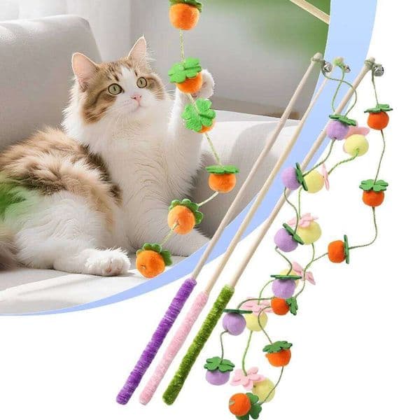 Fruit Shaped Wooden Handle Long Stick for Interactive Play Toys Kitten Playing Teaser Wand Toy Cat Supplies