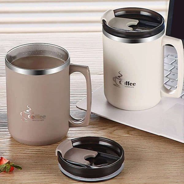 304 Stainless Steel Double Wall Insulated Coffee Mug With Handle&Lid Portable Leak-proof Thermal Cup Tumbler For Student Adult