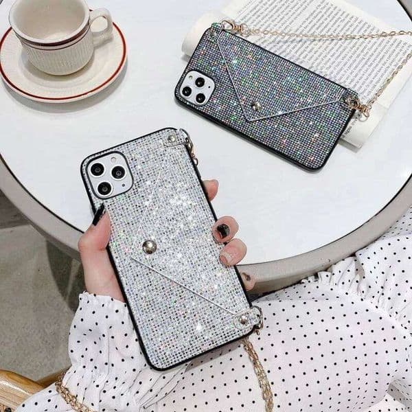 Bling Glitter Envelope Phone Case for IPhone 16 Pro Max 15 Plus 14 13 12 11Card Slot Pocket Chain Strap Sparkle Cover CHAOYIDIAN
