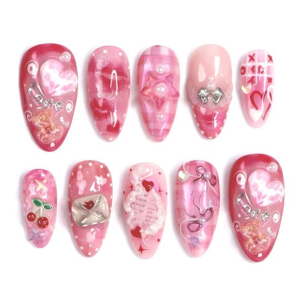 30pcs/set Wearable Press On Nails Fake Nail Tips Valentine's Day Cute Little Bear Sweet Cherry Love Pearl Flower Design Blush Pink Long Almond French False Nails