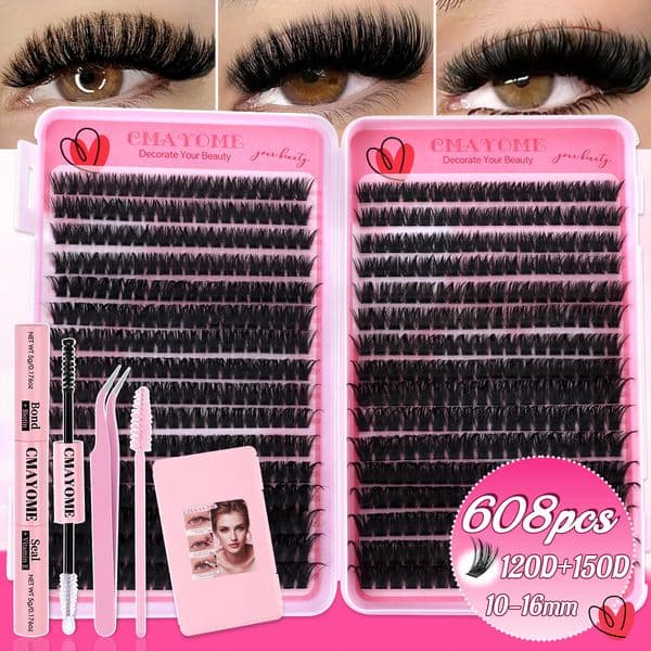Fluffy Volume Eyelash Extension Kit with Lash Bond and Seal Strong Hold, 640Pcs DIY Lash Clusters Wispy D Curled, Handmade Reusable False Eyelashes Natural Look