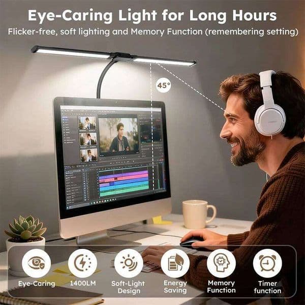 Adjustable Dual Head LED Desk Lamp, 3 Colour Modes Flexible Reading Lamps Touch Control for Gaming, PC Screen, Drawing, Puzzle