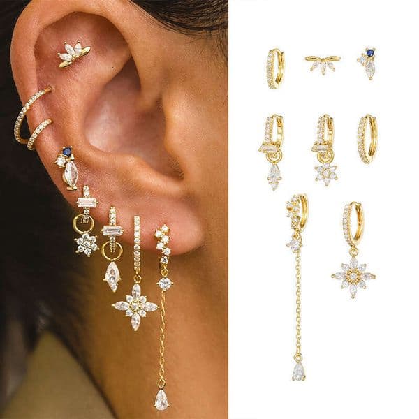tassel pendant flower zircon S925 silver needle earrings for women, high-end elegant earring set wholesale
