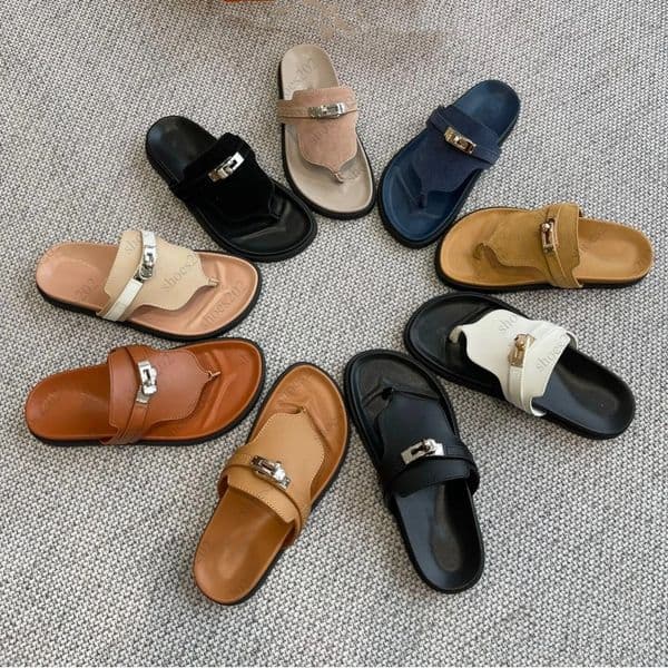 Designer Slippers Womens Men Multi Color Metal Buckle Flip Flops Thick Sole Leather Thong Sandals Comfortable Summer Beach Slides Flat Thick Sole Sandals Size 35-42