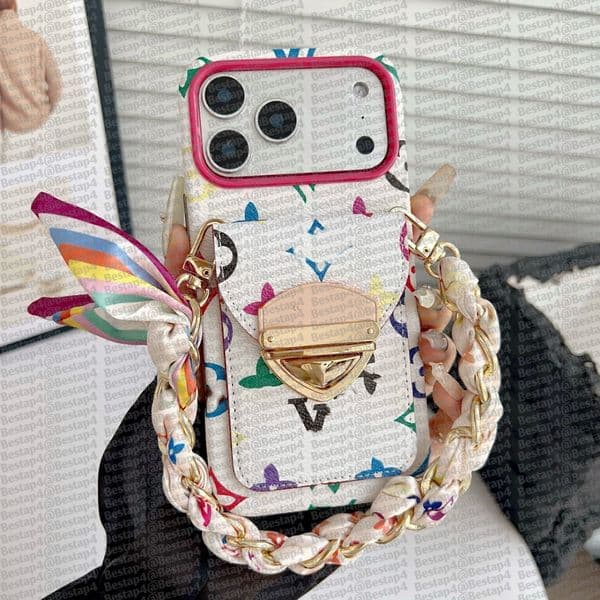 Designer Phone Case For iPhone17 Pro Max Apple iPhone 16 15 Pro 14 13 12 11 with Card Pocket Phone Case Luxury Metal Chain Wristband Cover