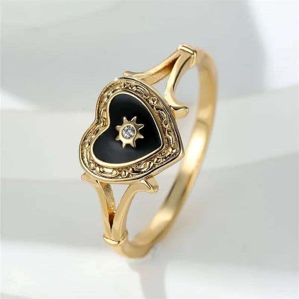 Antique Black Love Heart Zircon Twist Gold Color Ring Fashion Dainty Vintage Wedding Rings For Women Green Stone Stylish Jewelry