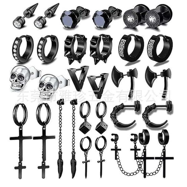 15 Pairs Men's Set Unisex Personality Stainless Steel Electroplated Stud Earrings Light Luxury High-end Feel