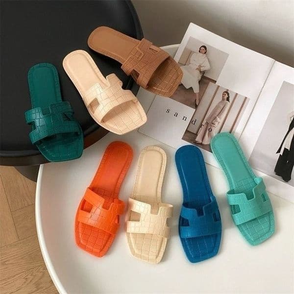Women Crocodile Embossed HH-Band Slide Sandals, Square Toe Flat Slippers, Summer Casual Beach Shoes Luxury Designer Shoes Girlfriend Daughter Birthday Gift Size 35-40